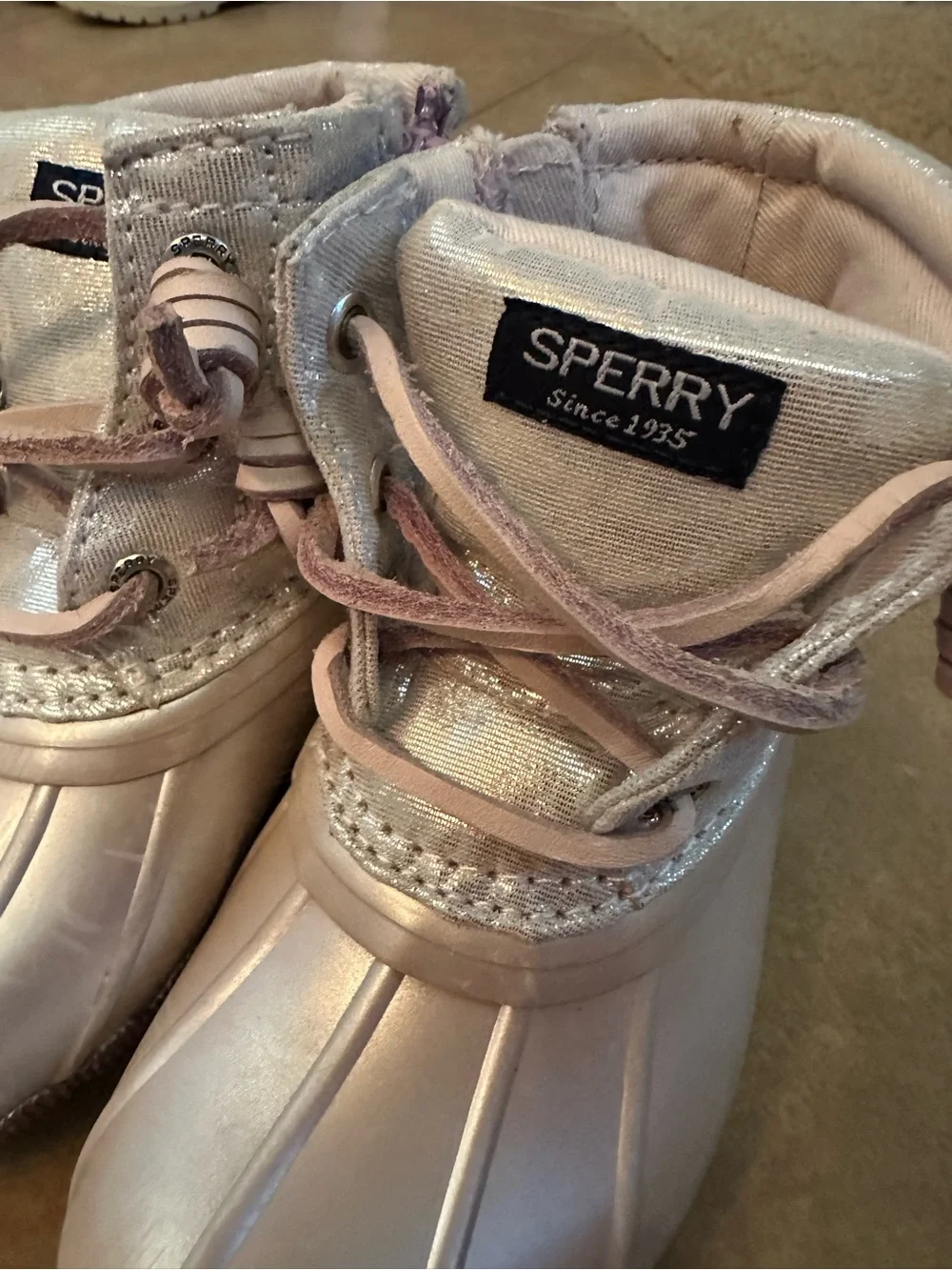Sperry Girls Metallic Silver Duck Boots Lace Up Rain Winter Boots